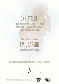 2017-18 Cardset Finland - Ultra Rare Signature (Series Two) #NNO Emil Larmi Back