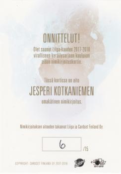2017-18 Cardset Finland - Ultra Rare Signature (Series Two) #NNO Jesperi Kotkaniemi Back
