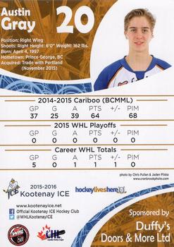 2015-16 Kootenay Ice (WHL) #NNO Austin Gray Back