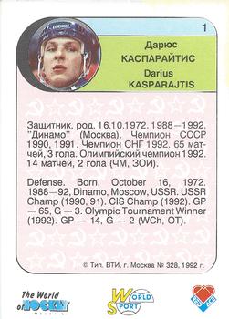 1992 Red Ace Russian Hockey Stars #1 Darius Kasparaitis Back