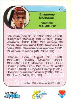 1992 Red Ace Russian Hockey Stars #28 Vladimir Malakhov Back