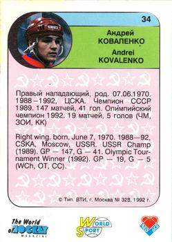 1992 Red Ace Russian Hockey Stars #34 Andrei Kovalenko Back
