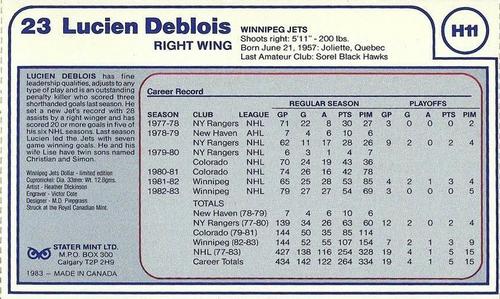 1983 Winnipeg Jets Dollars #H11 Lucien Deblois Back