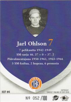 2017-18 Tappara Tampere (FIN) Hall of Fame #HOF4 Jarl Ohlson Back