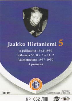 2017-18 Tappara Tampere (FIN) Hall of Fame #HOF5 Jaakko Hietaniemi Back