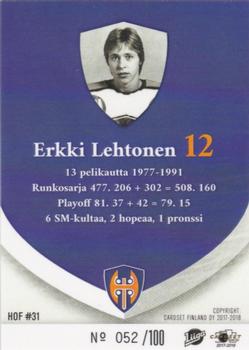 2017-18 Tappara Tampere (FIN) Hall of Fame #HOF31 Erkki Lehtonen Back