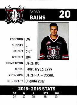 2016-17 Red Deer Rebels (WHL) #NNO Akash Bains Back