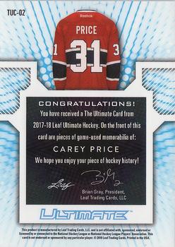 2017-18 Leaf Ultimate - The Ultimate Card Relics #TUC-02 Carey Price Back