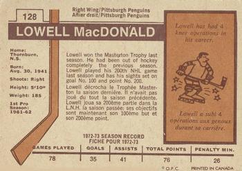 1973-74 O-Pee-Chee - Light Backs #128 Lowell MacDonald Back