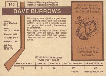 1973-74 O-Pee-Chee - Light Backs #140 Dave Burrows Back
