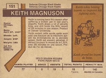 1973-74 O-Pee-Chee - Light Backs #151 Keith Magnuson Back