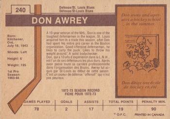 1973-74 O-Pee-Chee - Light Backs #240 Don Awrey Back