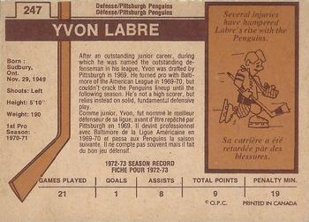 1973-74 O-Pee-Chee - Light Backs #247 Yvon Labre Back