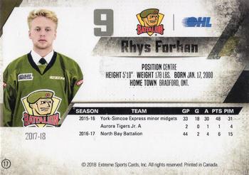 2017-18 North Bay Battalion (OHL) #17 Rhys Forhan Back