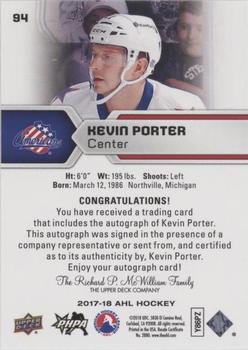 2017-18 Upper Deck AHL - Autographs #94 Kevin Porter Back