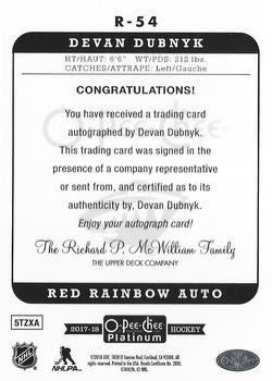 2017-18 O-Pee-Chee Platinum - Retro Red Rainbow Autographs #R-54 Devan Dubnyk Back