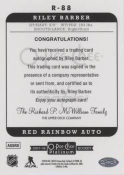 2017-18 O-Pee-Chee Platinum - Retro Red Rainbow Autographs #R-88 Riley Barber Back