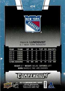 2017-18 Upper Deck Compendium - Blue #474 Henrik Lundqvist Back