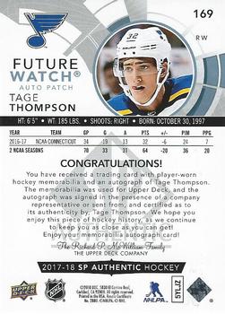 2017-18 SP Authentic - Limited Future Watch Auto Patch #169 Tage Thompson Back