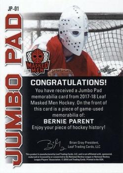 2017-18 Leaf Masked Men - Jumbo Pad - Platinum #JP-01 Bernie Parent Back
