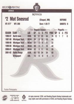 2002-03 Rieck's Printing Reading Royals (ECHL) #NNO Mat Snesrud Back