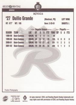 2002-03 Rieck's Printing Reading Royals (ECHL) #NNO Duilio Grande Back