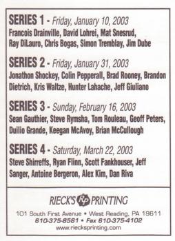 2002-03 Rieck's Printing Reading Royals (ECHL) #NNO Header Card Back