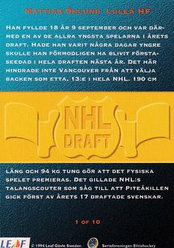 1994-95 Leaf Elit Set (Swedish) - NHL Drafts #1 Mattias Ohlund Back