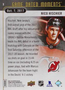 2017-18 Upper Deck Game Dated Moments #3 Nico Hischier Back