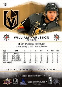 2017-18 Upper Deck Vegas Golden Knights Inaugural Season #10 William Karlsson Back