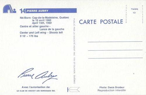 1981-82 Quebec Nordiques Postcards #NNO Pierre Aubry Back
