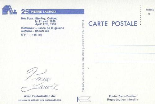 1981-82 Quebec Nordiques Postcards #NNO Pierre Lacroix Back