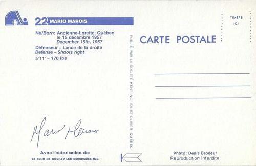 1981-82 Quebec Nordiques Postcards #NNO Mario Marois Back