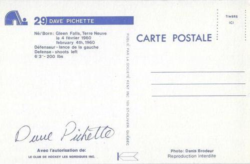 1981-82 Quebec Nordiques Postcards #NNO Dave Pichette Back