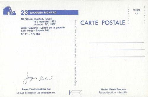 1981-82 Quebec Nordiques Postcards #NNO Jacques Richard Back