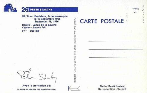1981-82 Quebec Nordiques Postcards #NNO Peter Stastny Back