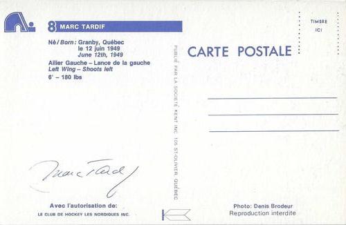 1981-82 Quebec Nordiques Postcards #NNO Marc Tardif Back