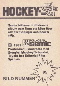 1981 Semic Hockey VM (Swedish) Stickers #95 Bill Baker Back