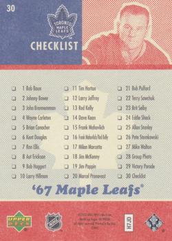 2007 Upper Deck 1967 Toronto Maple Leafs #30 Checklist Back