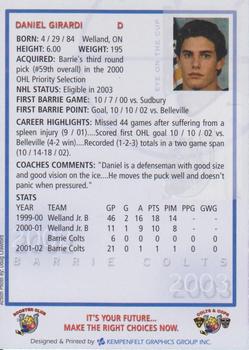 2002-03 Colts & Cops Barrie Colts (OHL) #NNO Daniel Girardi Back