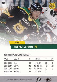 2018-19 Cardset Finland #036 Teemu Lepaus Back