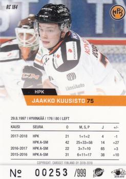 2018-19 Cardset Finland - Rookie Series 1 #RC 184 Jaakko Kuusisto Back