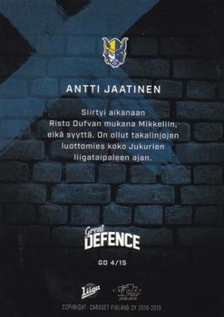 2018-19 Cardset Finland - Great Defence #GD 4 Antti Jaatinen Back