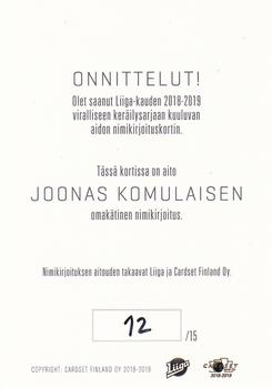 2018-19 Cardset Finland - Signature Ultra Rare Series 1 #NNO Joonas Komulainen Back