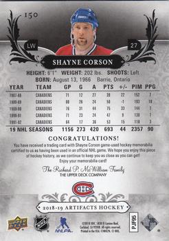 2018-19 Upper Deck Artifacts - Material Jersey Silver #150 Shayne Corson Back