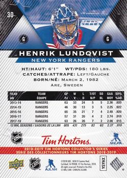 2018-19 Upper Deck Tim Hortons #30 Henrik Lundqvist Back
