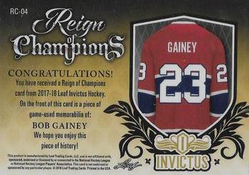 2017-18 Leaf Invictus - Reign of Champions Relics #RC-04 Bob Gainey Back