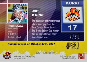 2016-17 Sereal Jokerit Helsinki - Retired Numbers Blue #JOK-RET-004 Jari Kurri Back