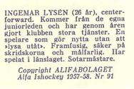1957-58 Alfa Ishockey (Swedish) #91 Ingemar Lysen Back