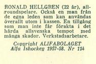 1957-58 Alfa Ishockey (Swedish) #114 Ronald Hellgren Back